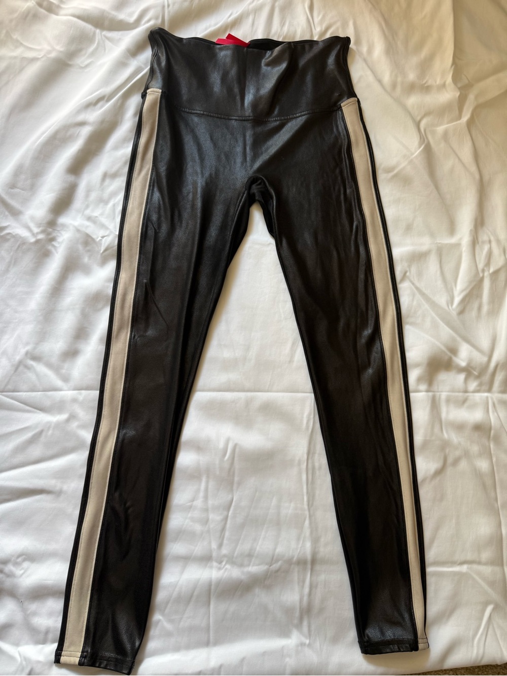 SPANX Black Leggings with Cream Side Stripes